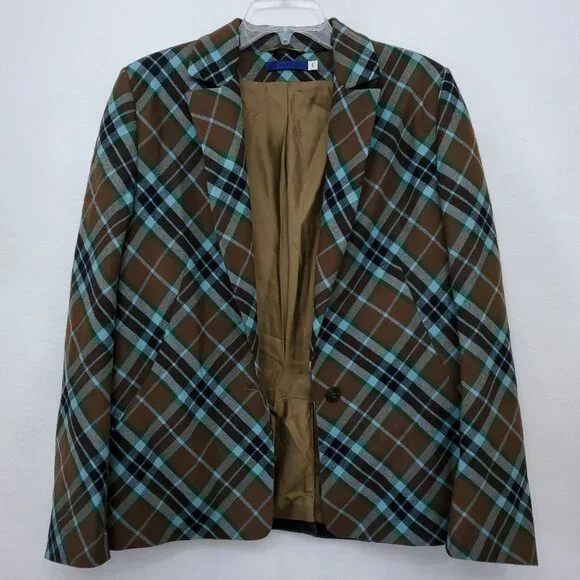 Givenchy Vintage 90's Multi-Color Plaid Women's Wool Blazer Logo Buttons Size 44 - Picture 2 of 16
